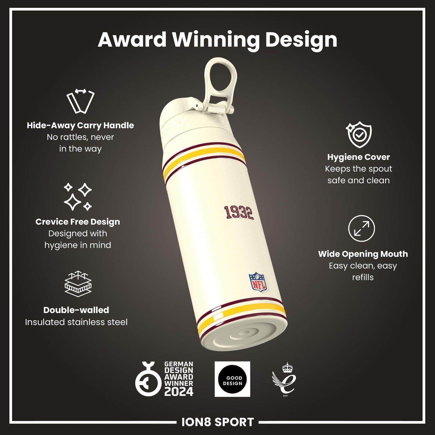 NFL x ION8 Insulated Steel Water Bottle, NFL Commanders, 750ml (24oz)