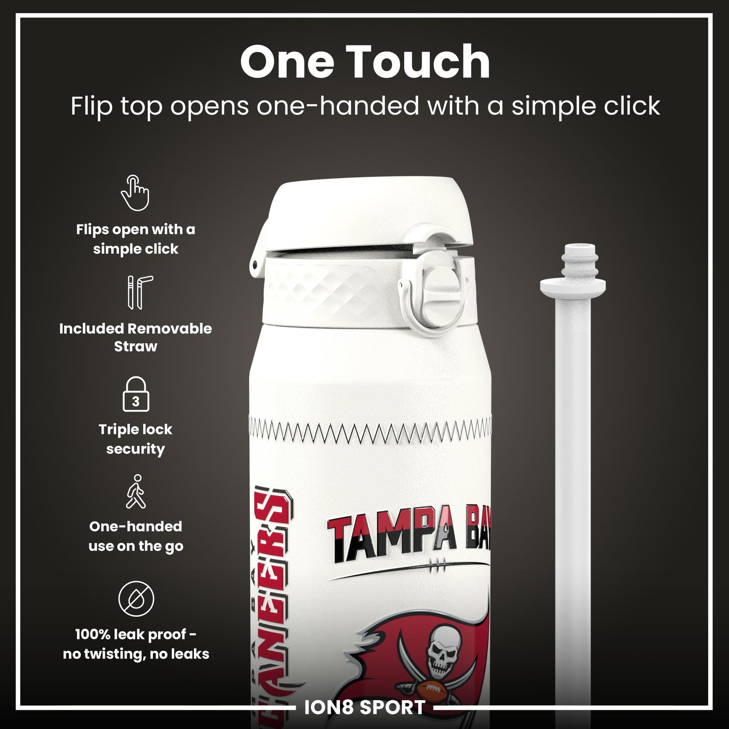 NFL x Ion8 Sports, Insulated Bottle, GameDay Series, Mayfield Buccaneers, 750ml (24oz)