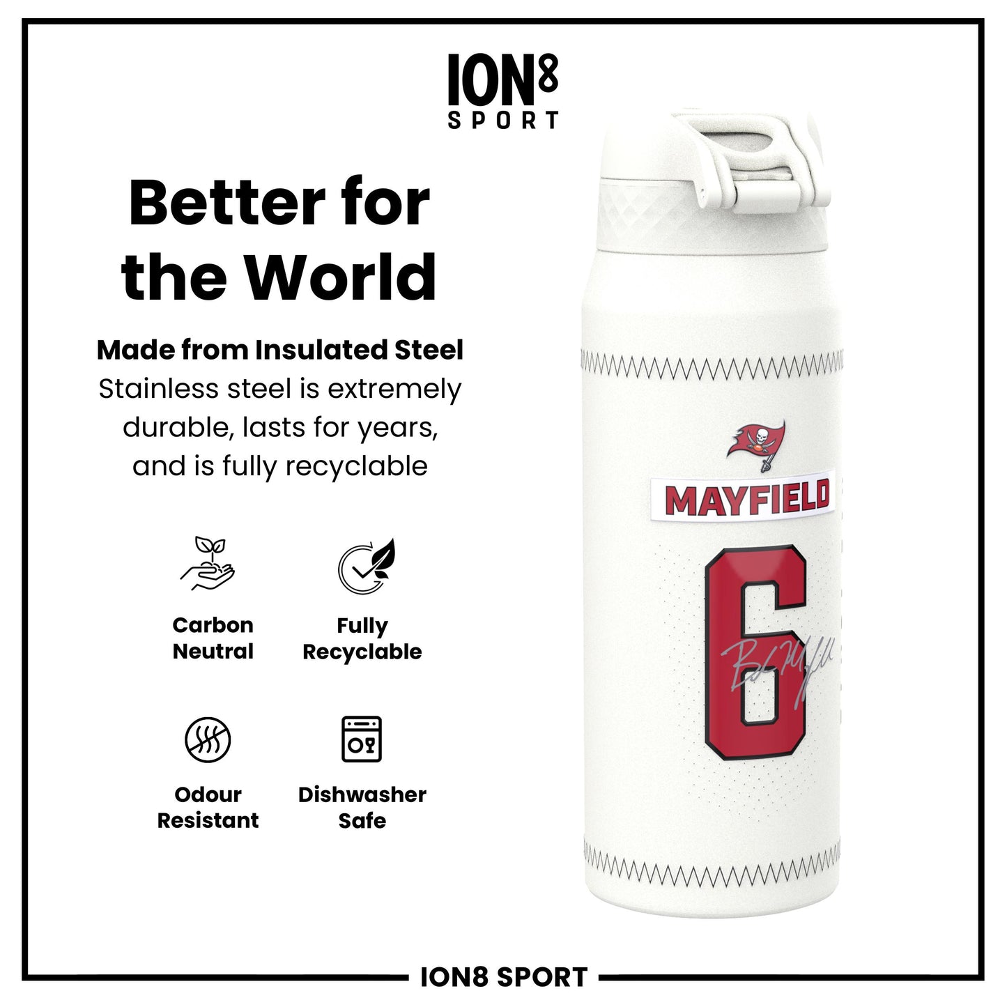 NFL x Ion8 Sports, Insulated Bottle, GameDay Series, Mayfield Buccaneers, 750ml (24oz)