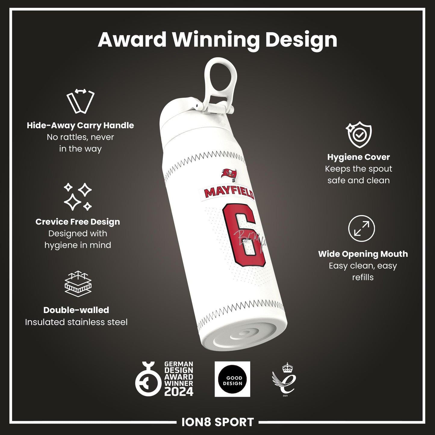 NFL x Ion8 Sports, Insulated Bottle, GameDay Series, Mayfield Buccaneers, 750ml (24oz)