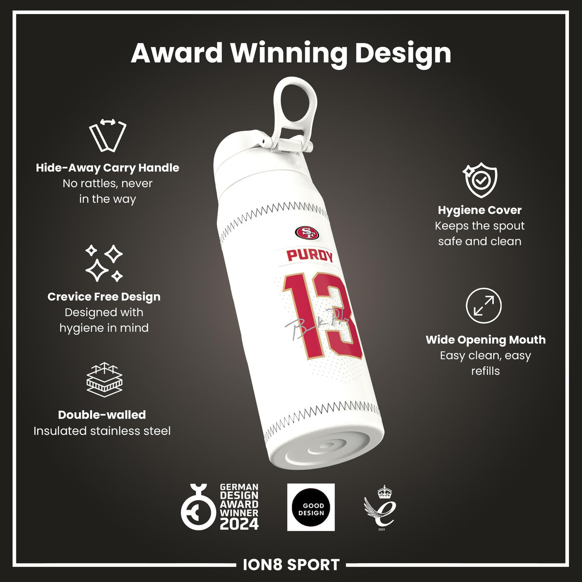 NFL x Ion8 Sports, Insulated Bottle, GameDay Series, Purdy 49ers, 750ml (24oz)