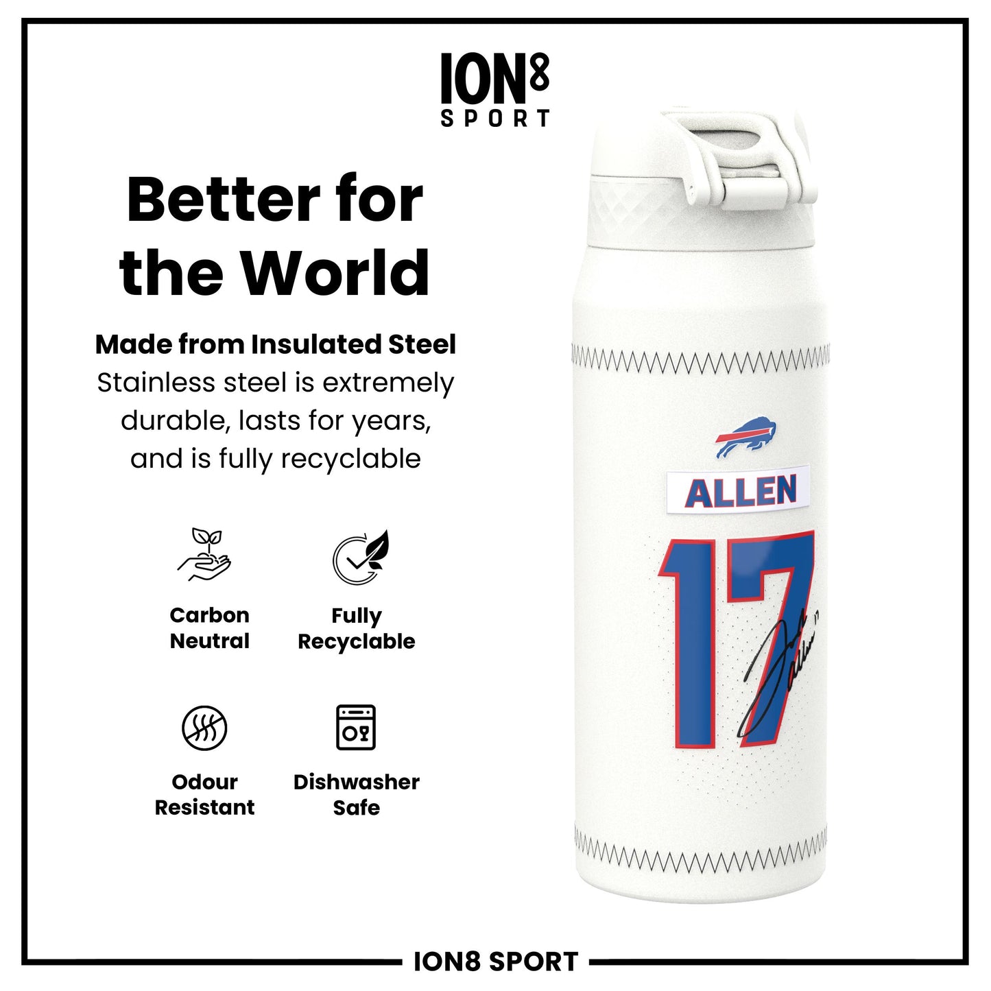 NFL x Ion8 Sports, Insulated Bottle, GameDay Series, Allen Bills, 750ml (24oz)