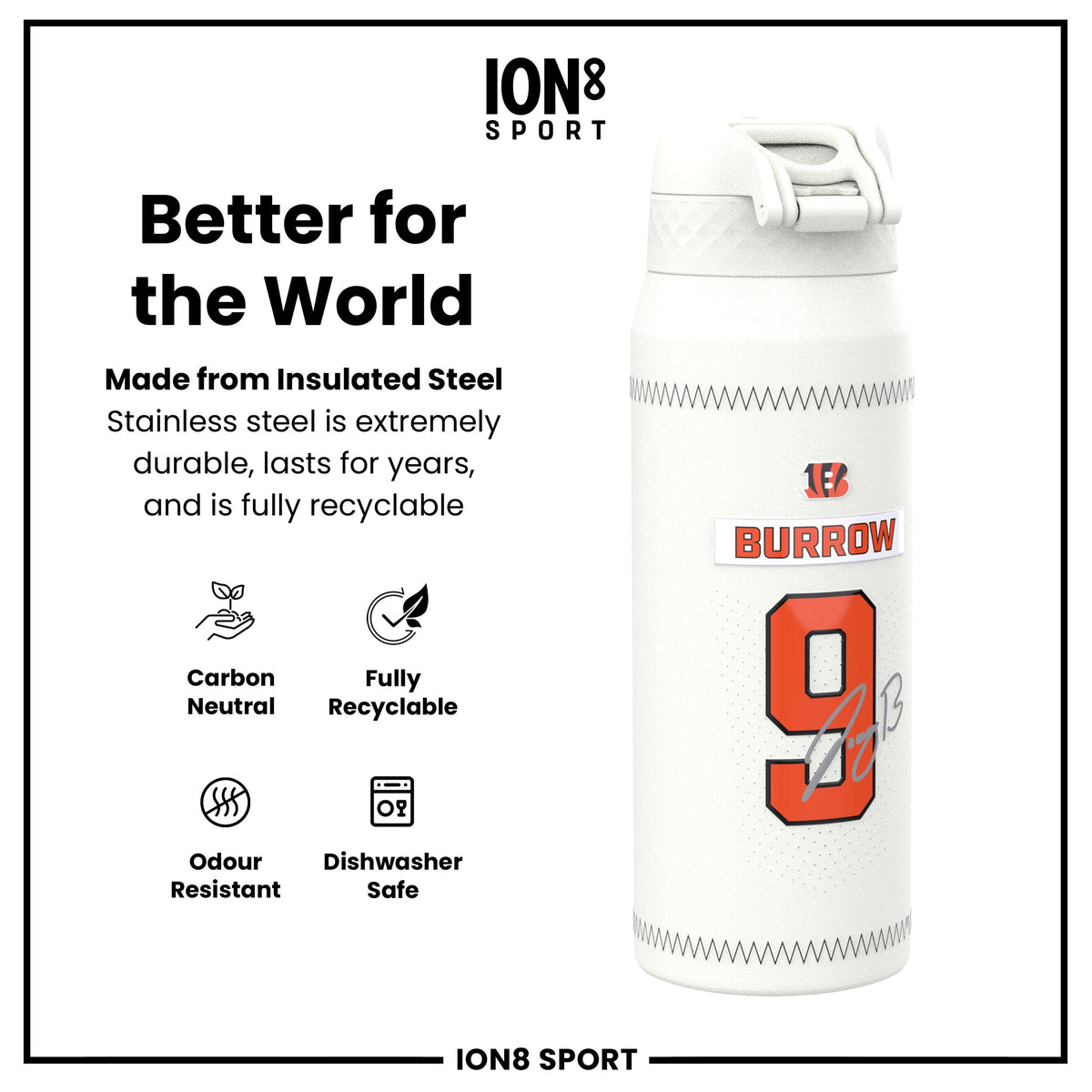 NFL x Ion8 Sports, Insulated Bottle, GameDay Series, Burrow Bengals, 750ml (24oz)