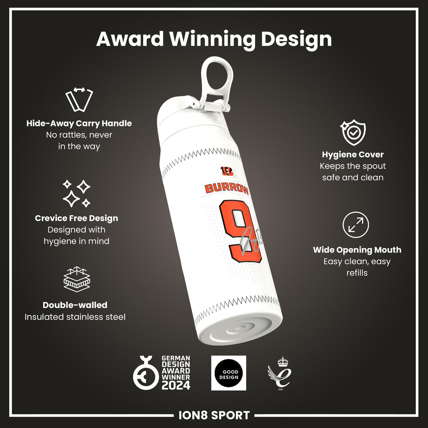 NFL x Ion8 Sports, Insulated Bottle, GameDay Series, Burrow Bengals, 750ml (24oz)