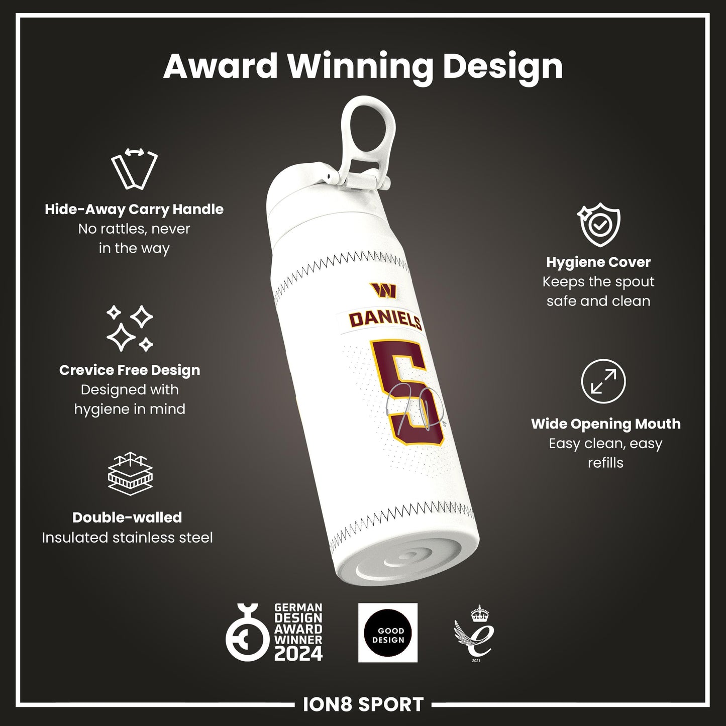 NFL x Ion8 Sports, Insulated Bottle, GameDay Series, Daniels Commanders, 750ml (24oz)