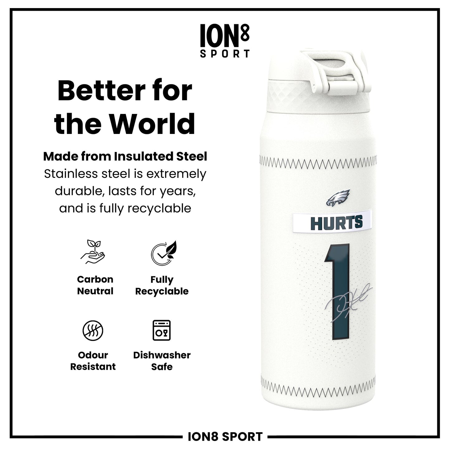 NFL x Ion8 Sports, Insulated Bottle, GameDay Series, Hurts Eagles, 750ml (24oz)