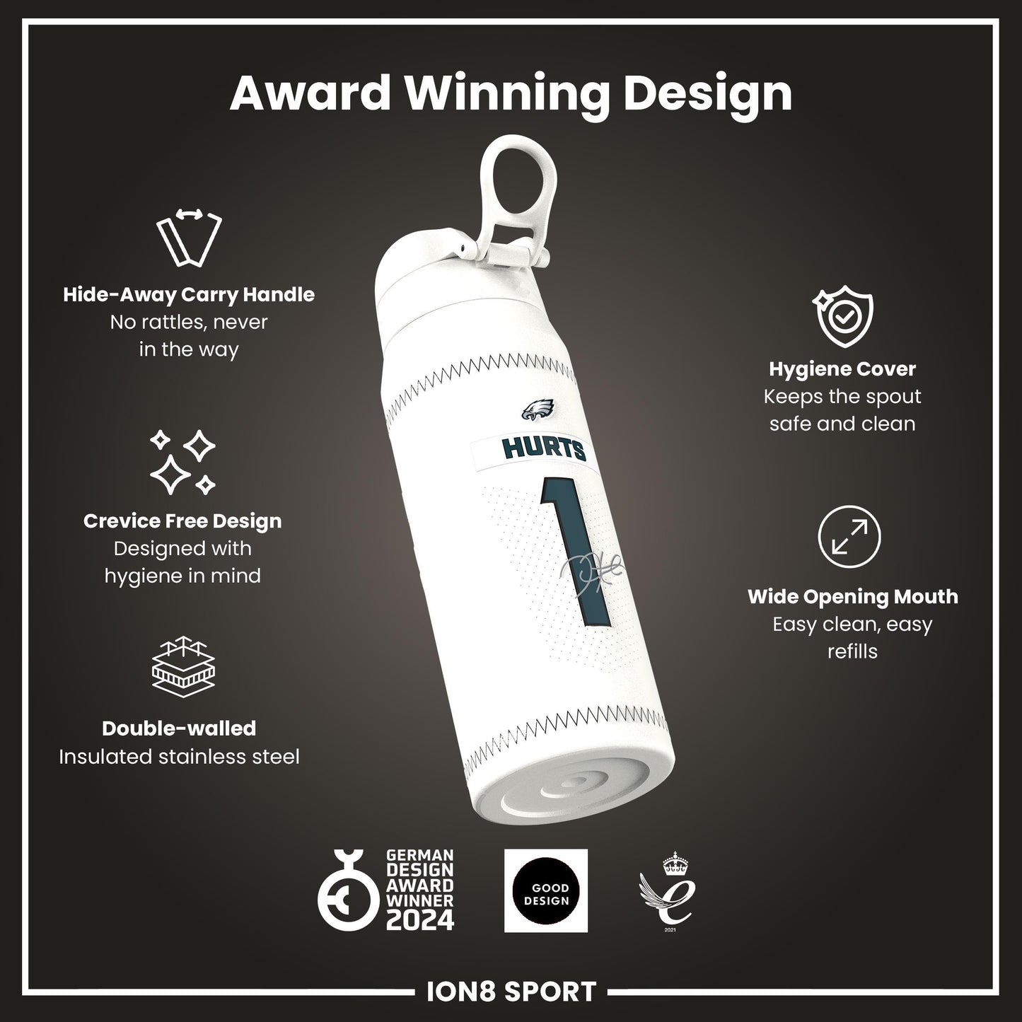 NFL x Ion8 Sports, Insulated Bottle, GameDay Series, Hurts Eagles, 750ml (24oz)