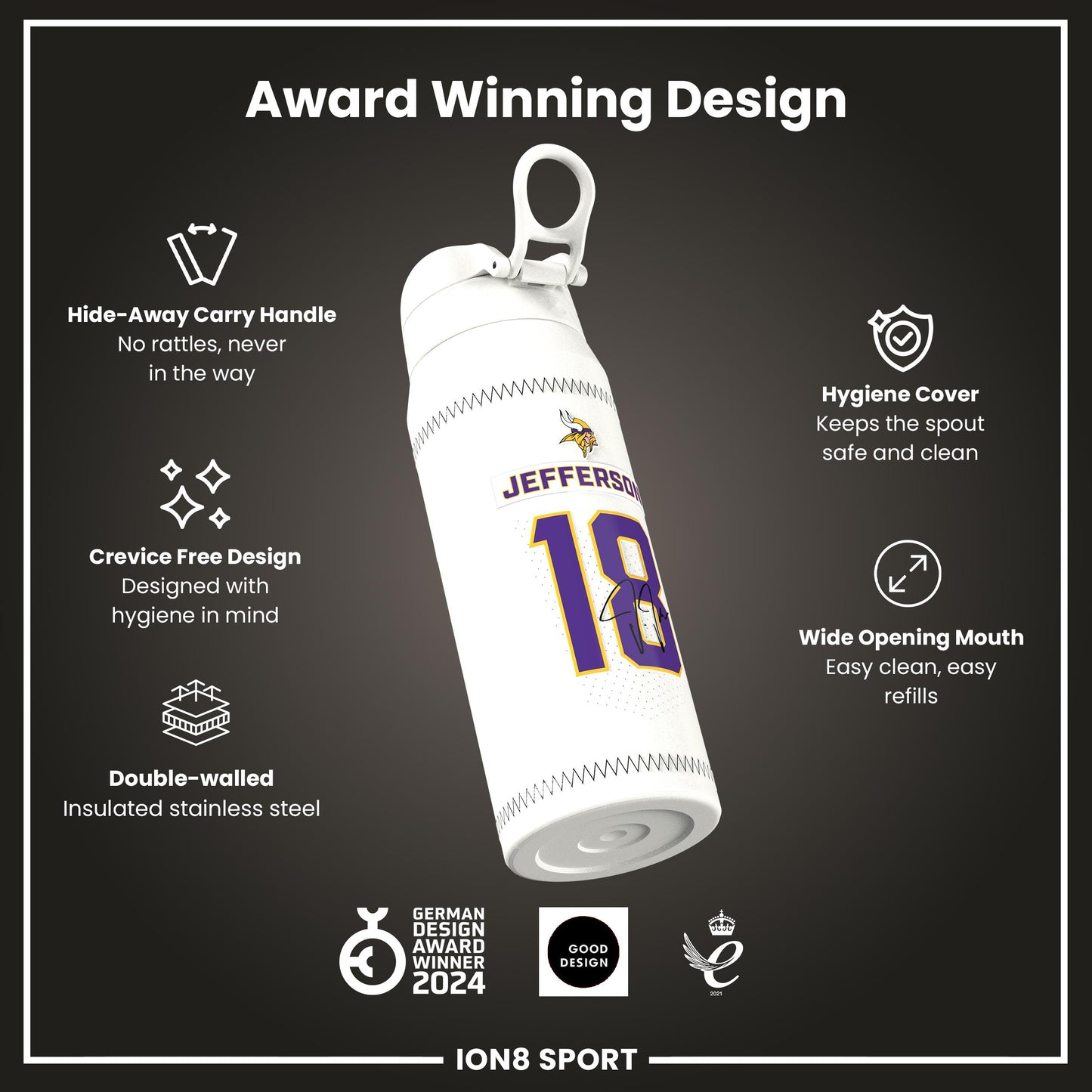 NFL x Ion8 Sports, Insulated Bottle, GameDay Series, Jefferson Vikings, 750ml (24oz)
