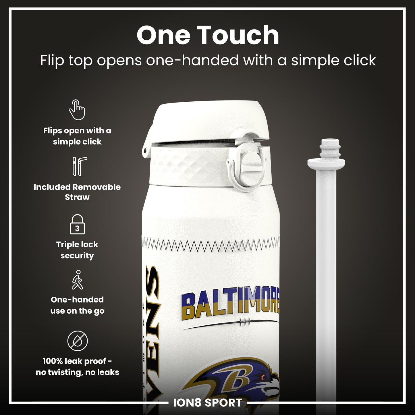 NFL x Ion8 Sports, Insulated Bottle, GameDay Series, Lamar Ravens, 750ml (24oz)