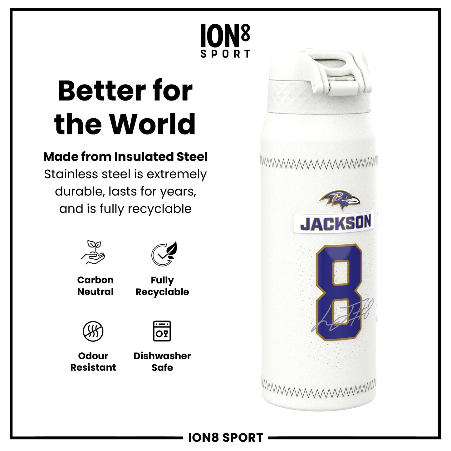 NFL x Ion8 Sports, Insulated Bottle, GameDay Series, Lamar Ravens, 750ml (24oz)
