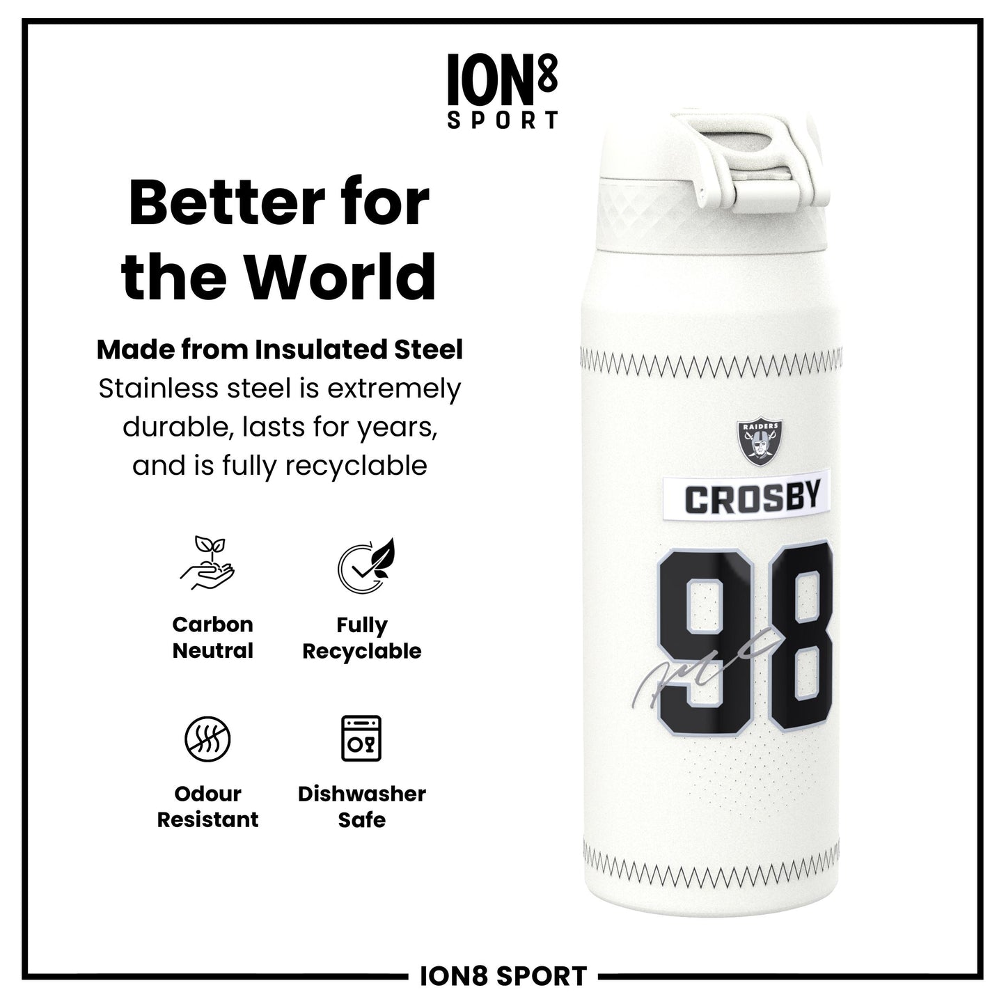 NFL x Ion8 Sports, Insulated Bottle, GameDay Series, Crosby Raiders, 750ml (24oz)