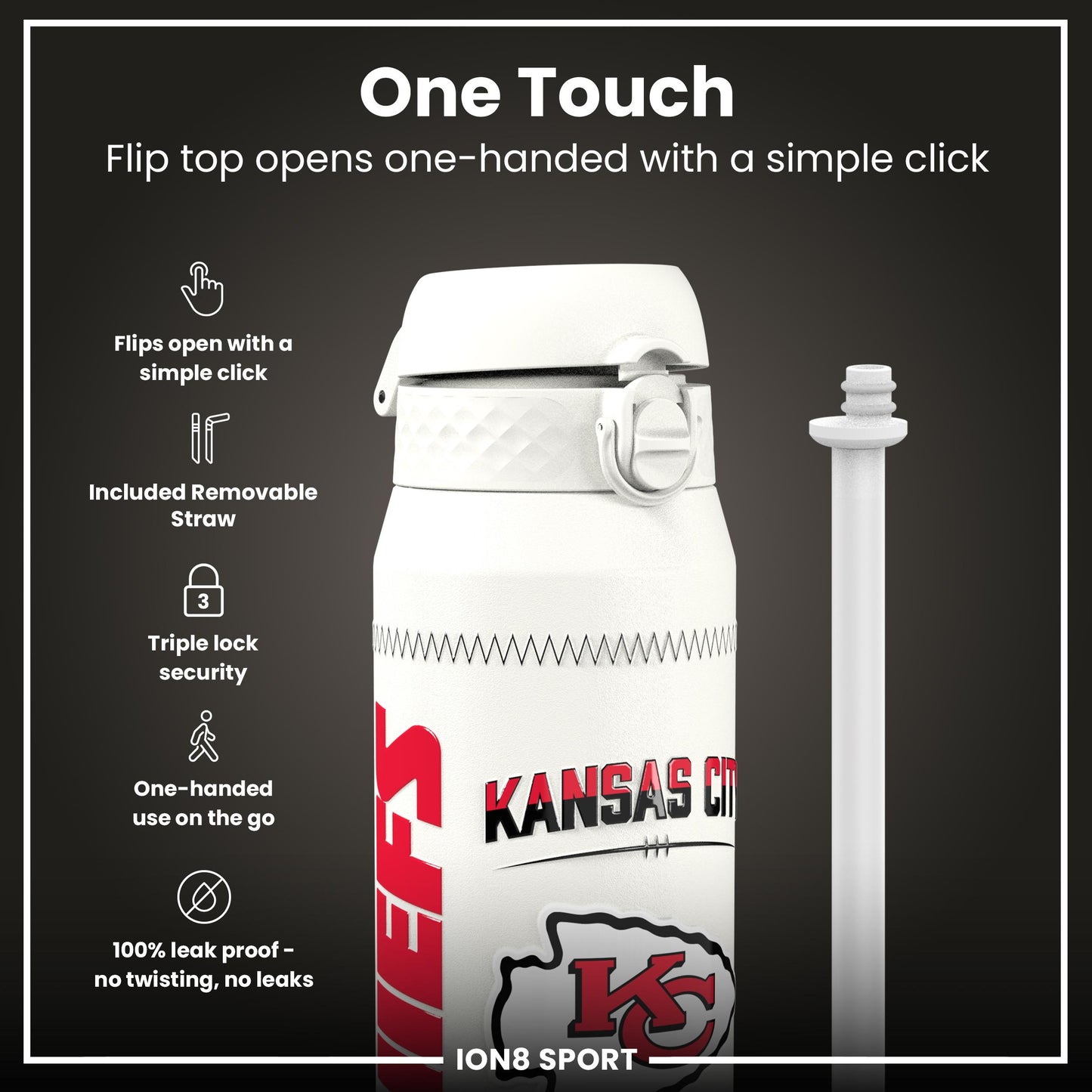 NFL x Ion8 Sports, Insulated Bottle, GameDay Series, Mahomes Chiefs, 750ml (24oz)