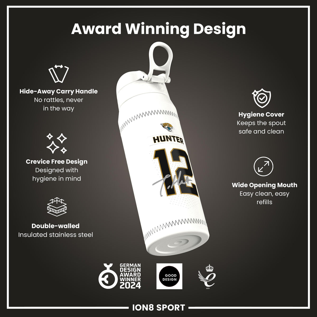 NFL x Ion8 Sports, Insulated Bottle, GameDay Series, Hunter Jaguars, 750ml (24oz)