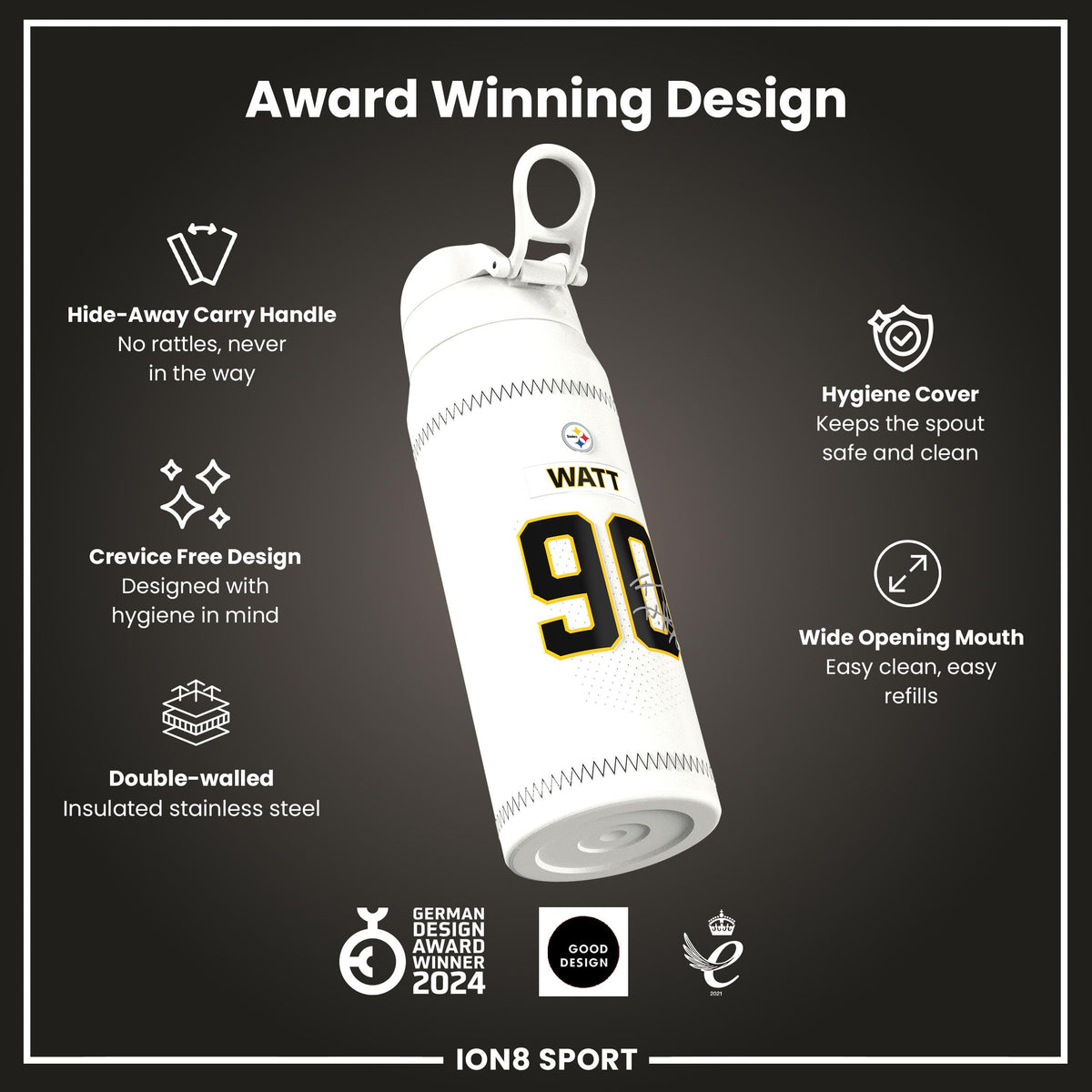 NFL x Ion8 Sports, Insulated Bottle, GameDay Series, Watt Steelers, 750ml (24oz)