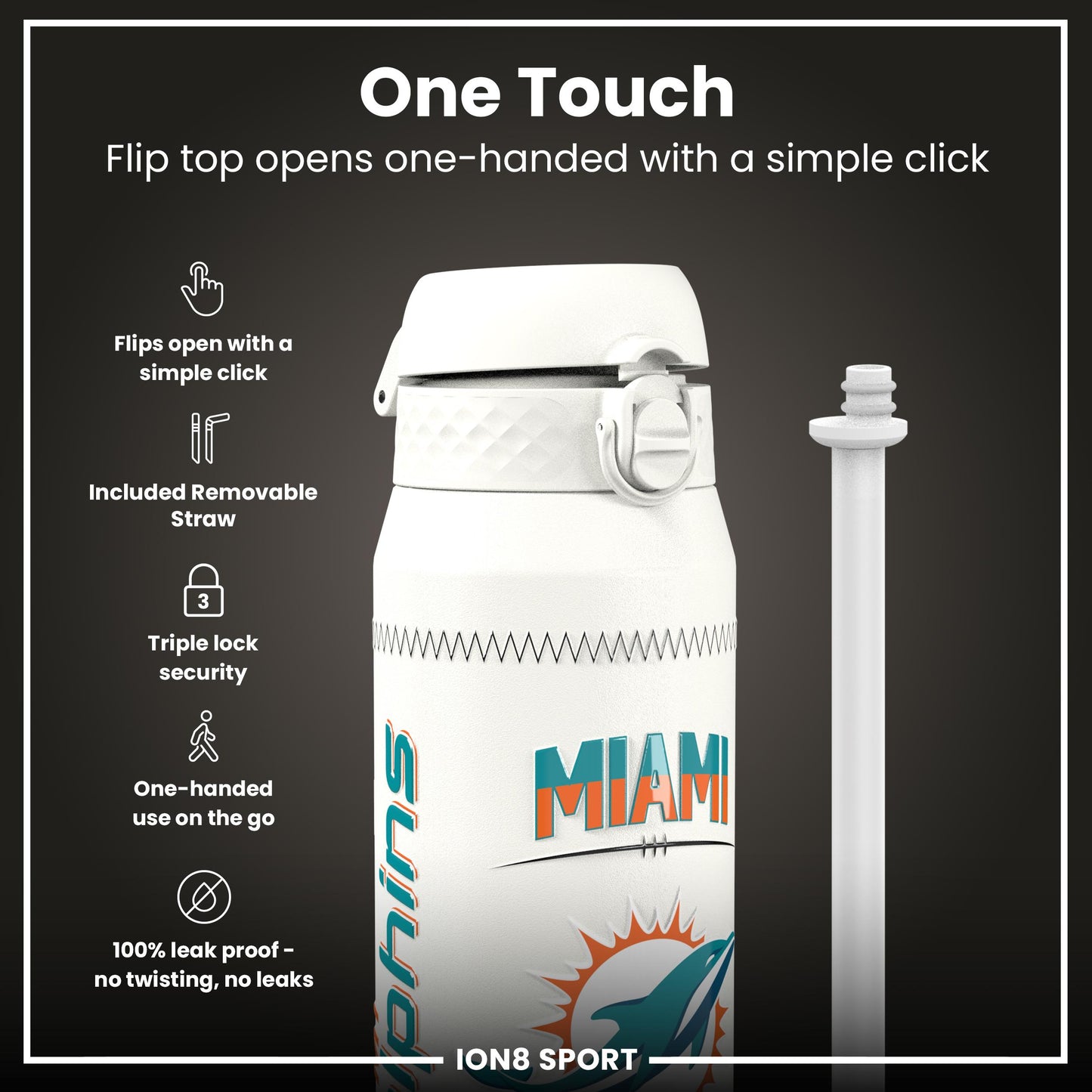 NFL x Ion8 Sports, Insulated Bottle, GameDay Series, Tua Dolphins, 750ml (24oz)