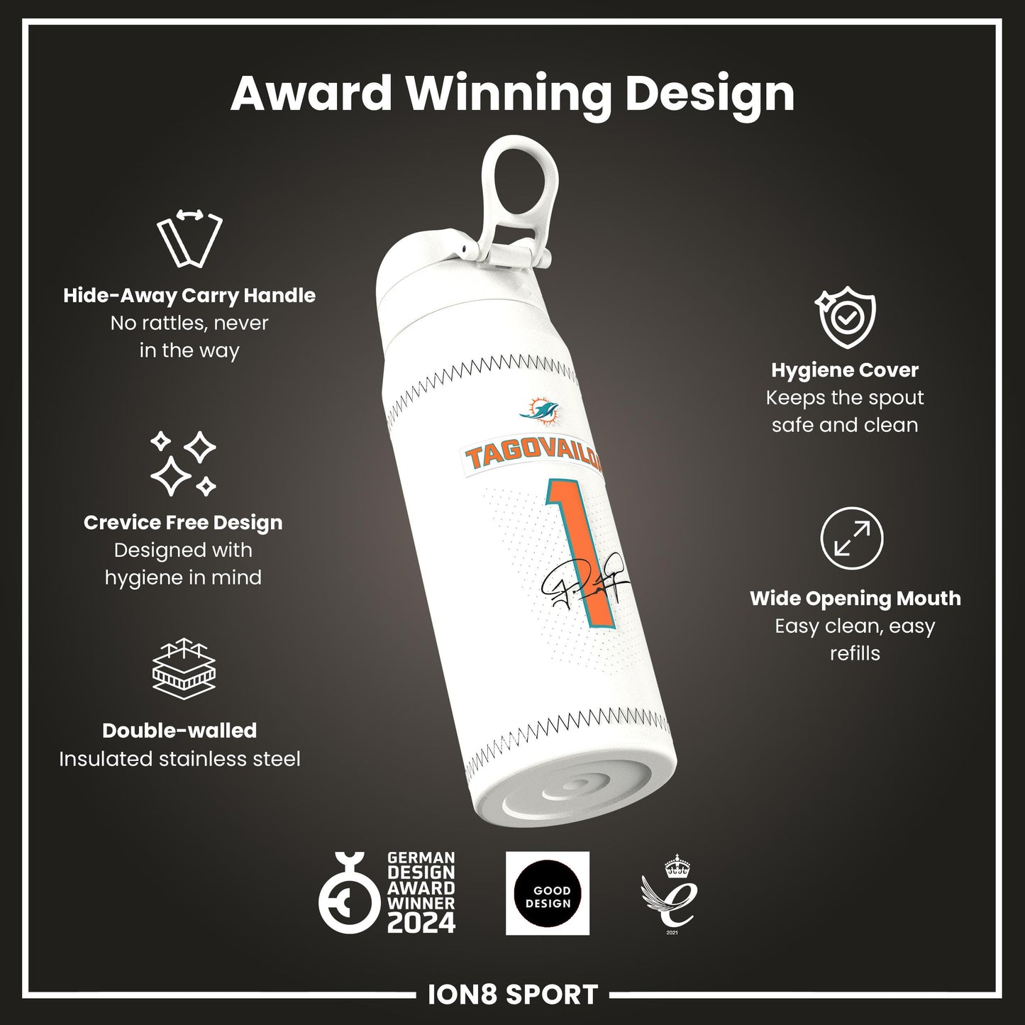 NFL x Ion8 Sports, Insulated Bottle, GameDay Series, Tua Dolphins, 750ml (24oz)