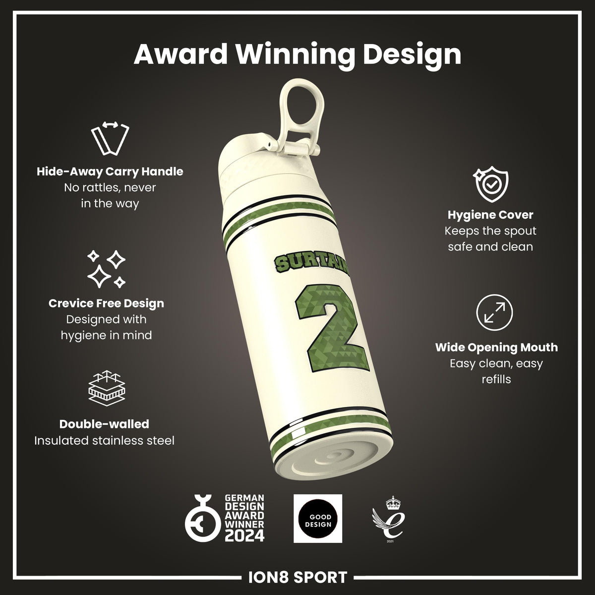 NFL x Ion8 Sports, Insulated Bottle, Icon Series, Pat Surtain, 750ml (24oz)