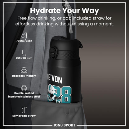 NFL x Ion8 Sports, Insulated Bottle, Locked In Series, De'von Achane, 750ml (24oz)