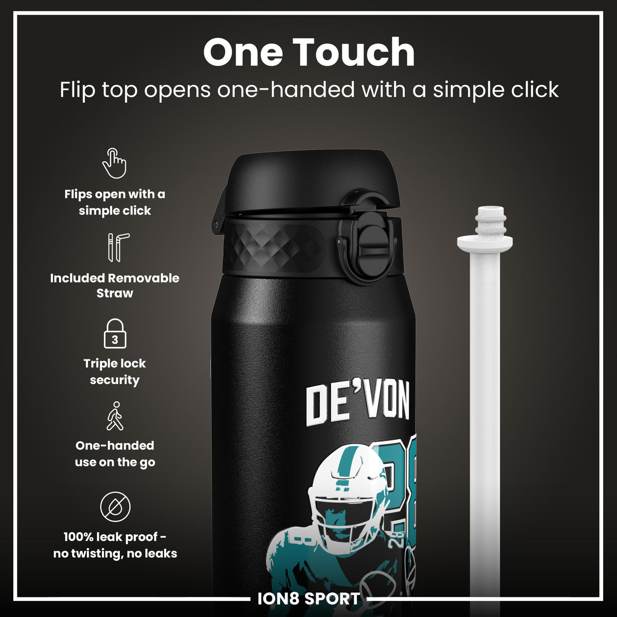 NFL x Ion8 Sports, Insulated Bottle, Locked In Series, De'von Achane, 750ml (24oz)