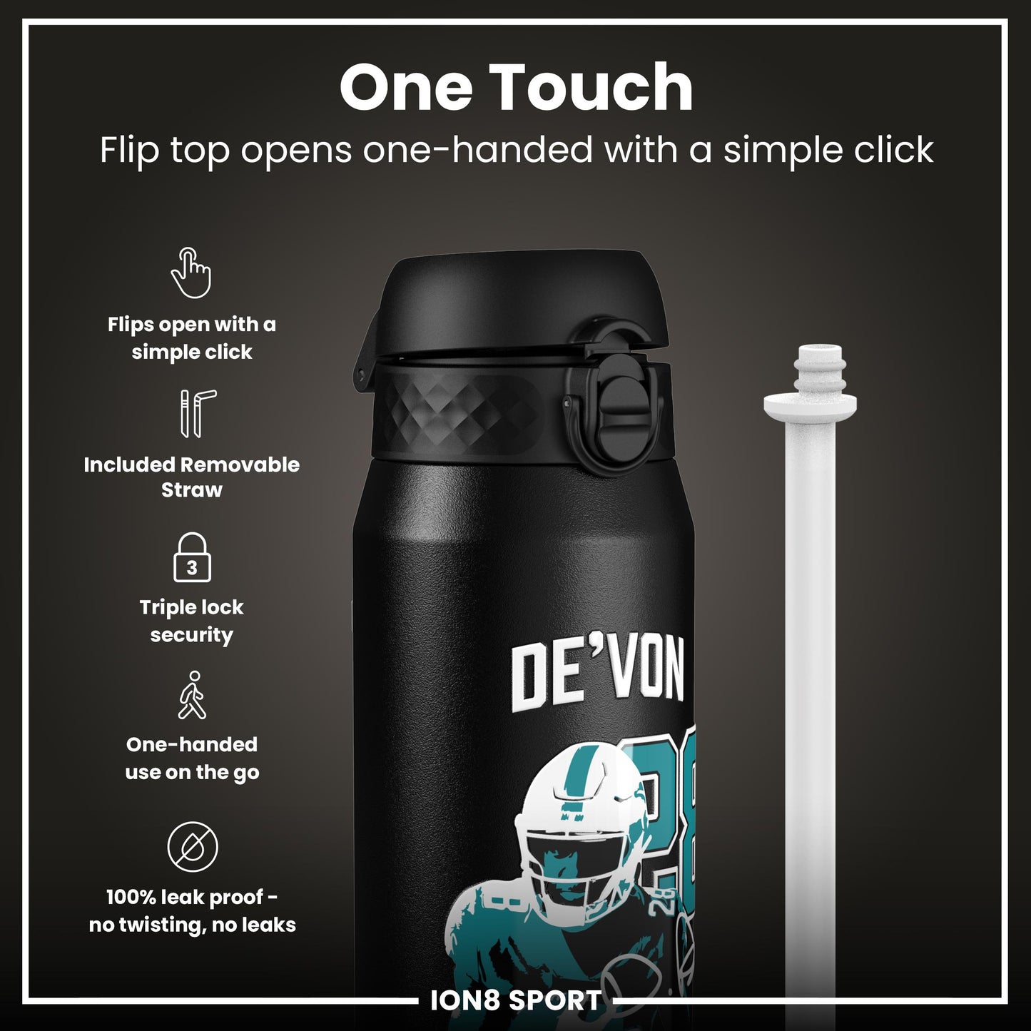 NFL x Ion8 Sports, Insulated Bottle, Locked In Series, De'von Achane, 750ml (24oz)