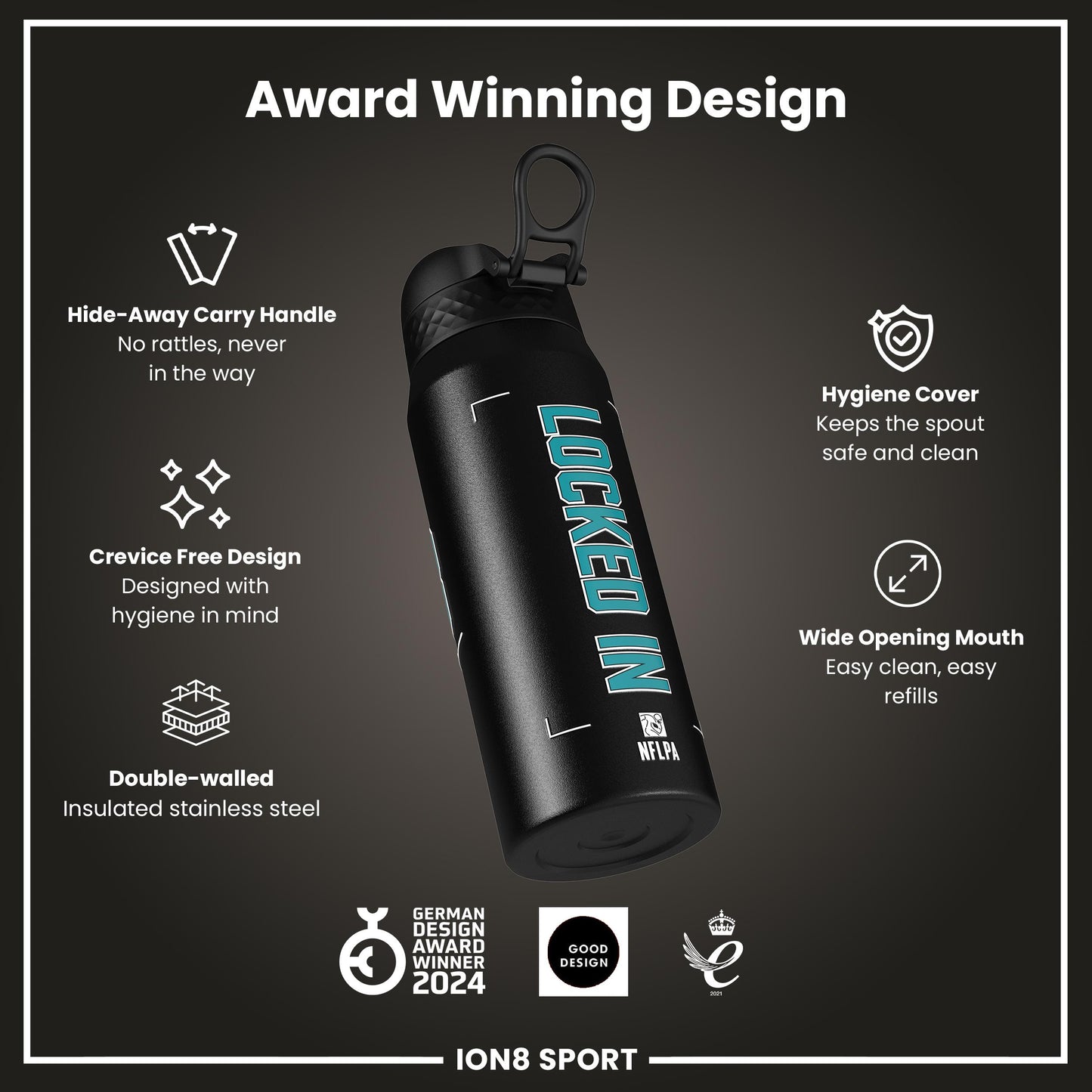 NFL x Ion8 Sports, Insulated Bottle, Locked In Series, De'von Achane, 750ml (24oz)