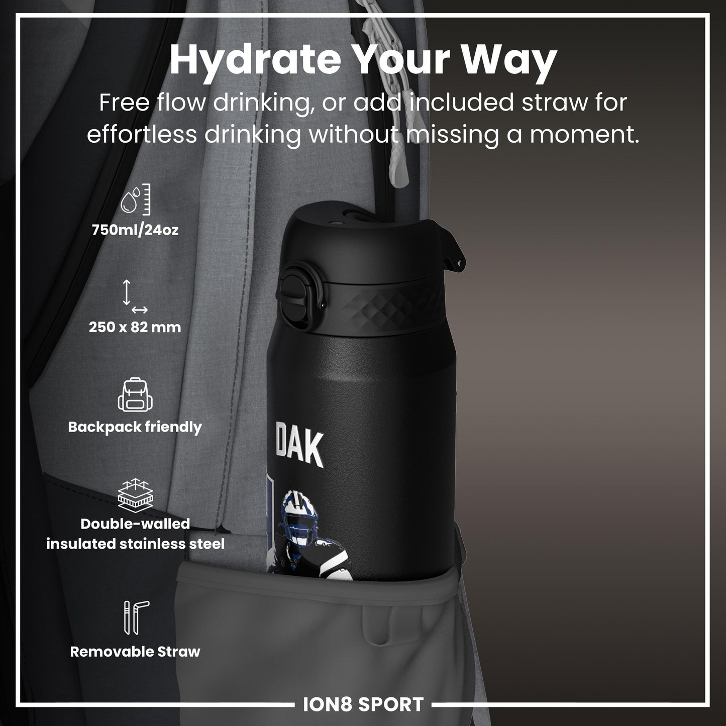NFL x Ion8 Sports, Insulated Bottle, Locked In Series, Dak Prescott, 750ml (24oz)