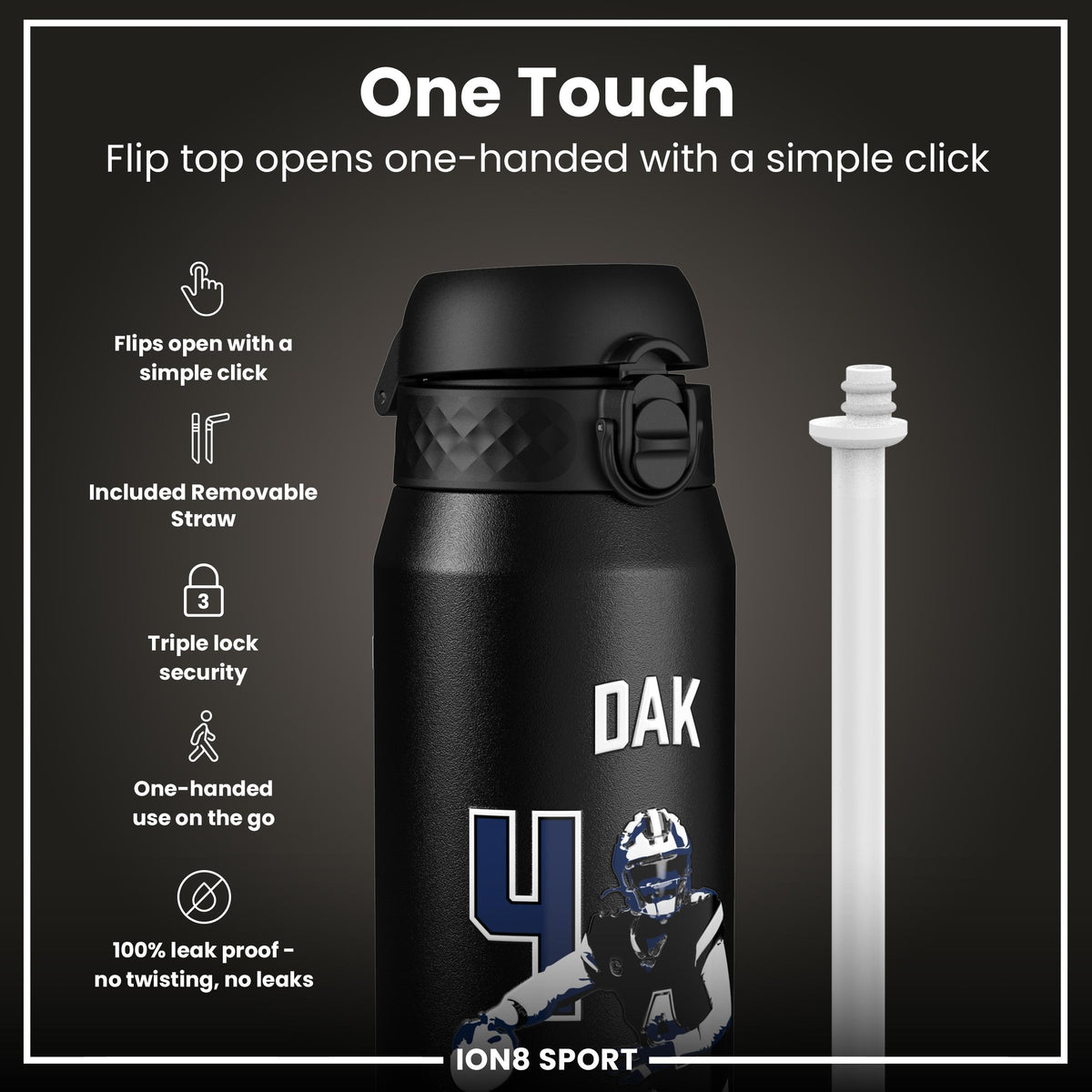 NFL x Ion8 Sports, Insulated Bottle, Locked In Series, Dak Prescott, 750ml (24oz)