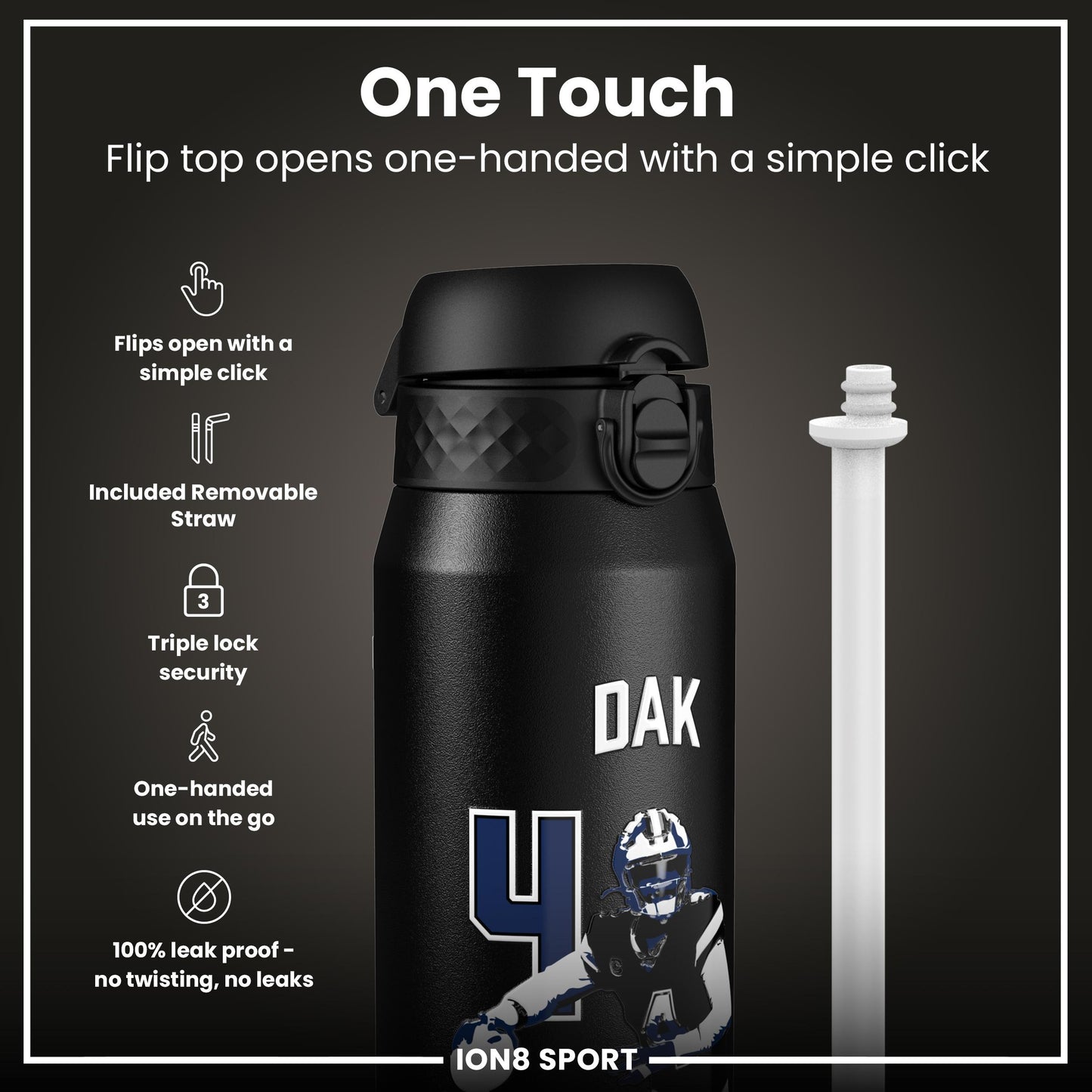NFL x Ion8 Sports, Insulated Bottle, Locked In Series, Dak Prescott, 750ml (24oz)