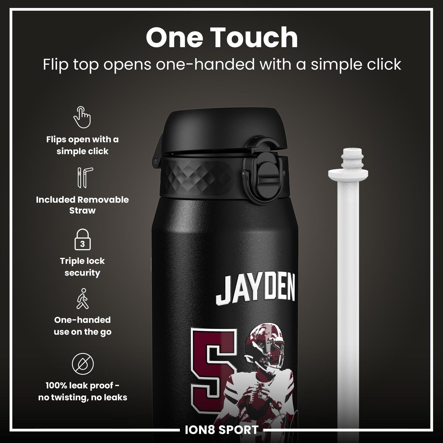 NFL x Ion8 Sports, Insulated Bottle, Locked In Series, Jayden Daniels, 750ml (24oz)