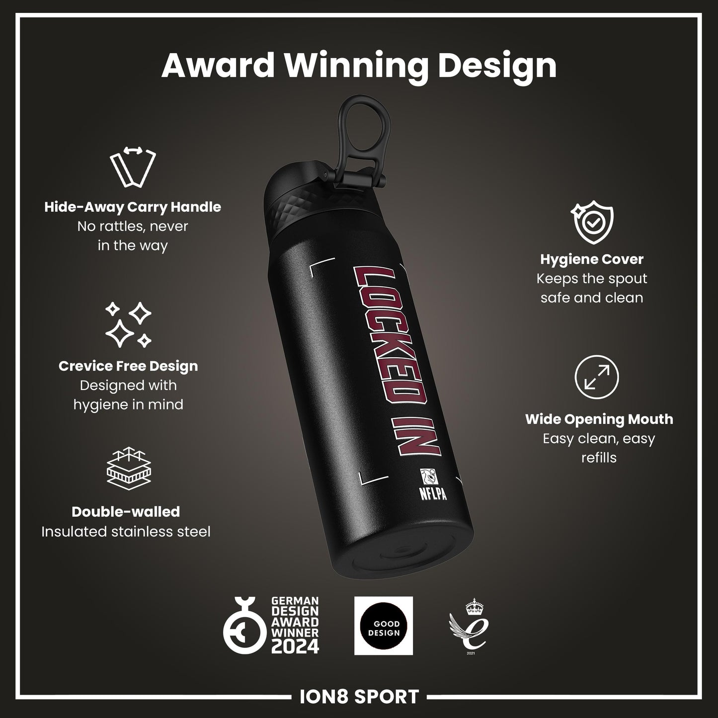 NFL x Ion8 Sports, Insulated Bottle, Locked In Series, Jayden Daniels, 750ml (24oz)