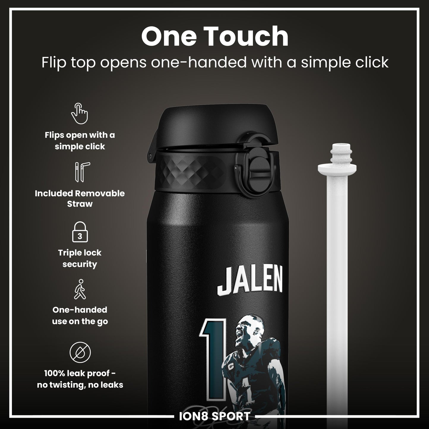 NFL x Ion8 Sports, Insulated Bottle, Locked In Series, Jalen Hurts, 750ml (24oz)