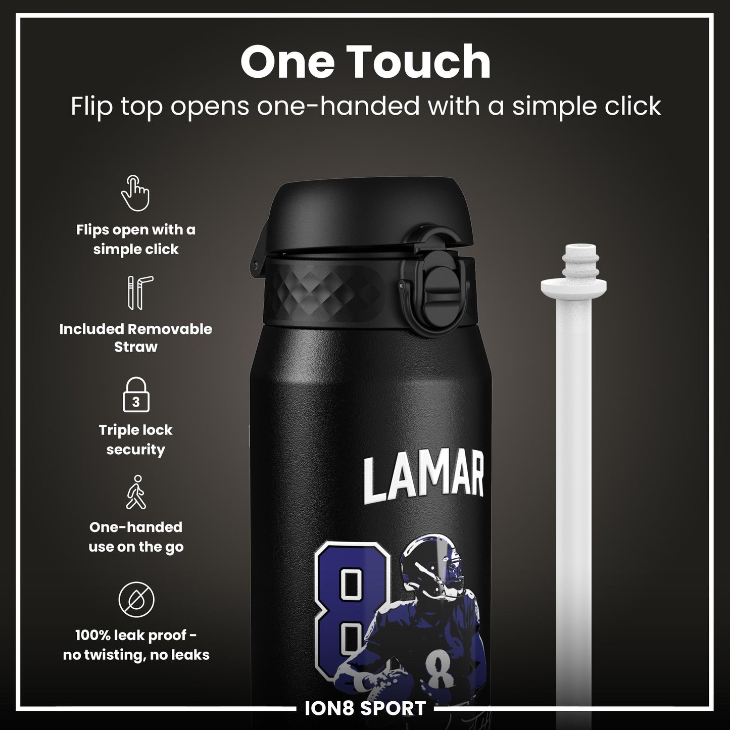 NFL x Ion8 Sports, Insulated Bottle, Locked In Series, Lamar Jackson, 750ml (24oz)