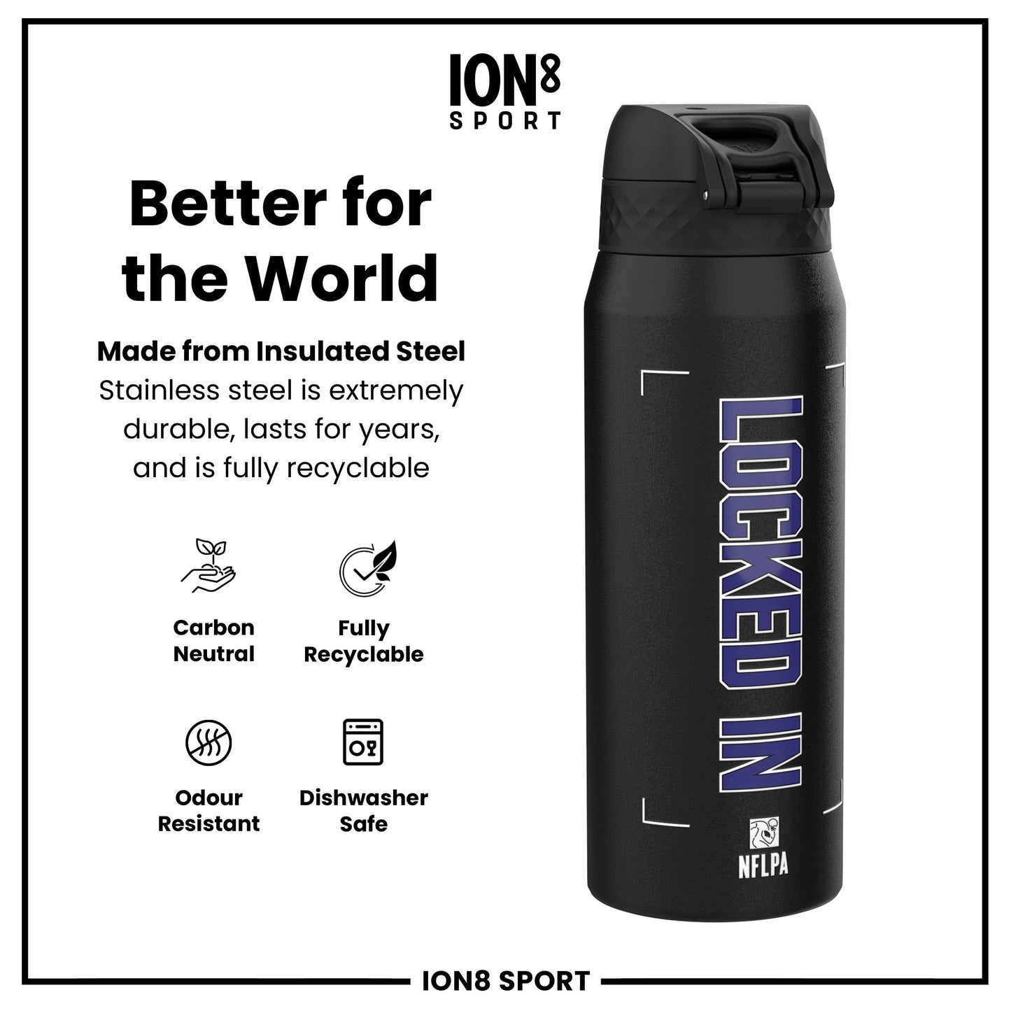 NFL x Ion8 Sports, Insulated Bottle, Locked In Series, Lamar Jackson, 750ml (24oz)