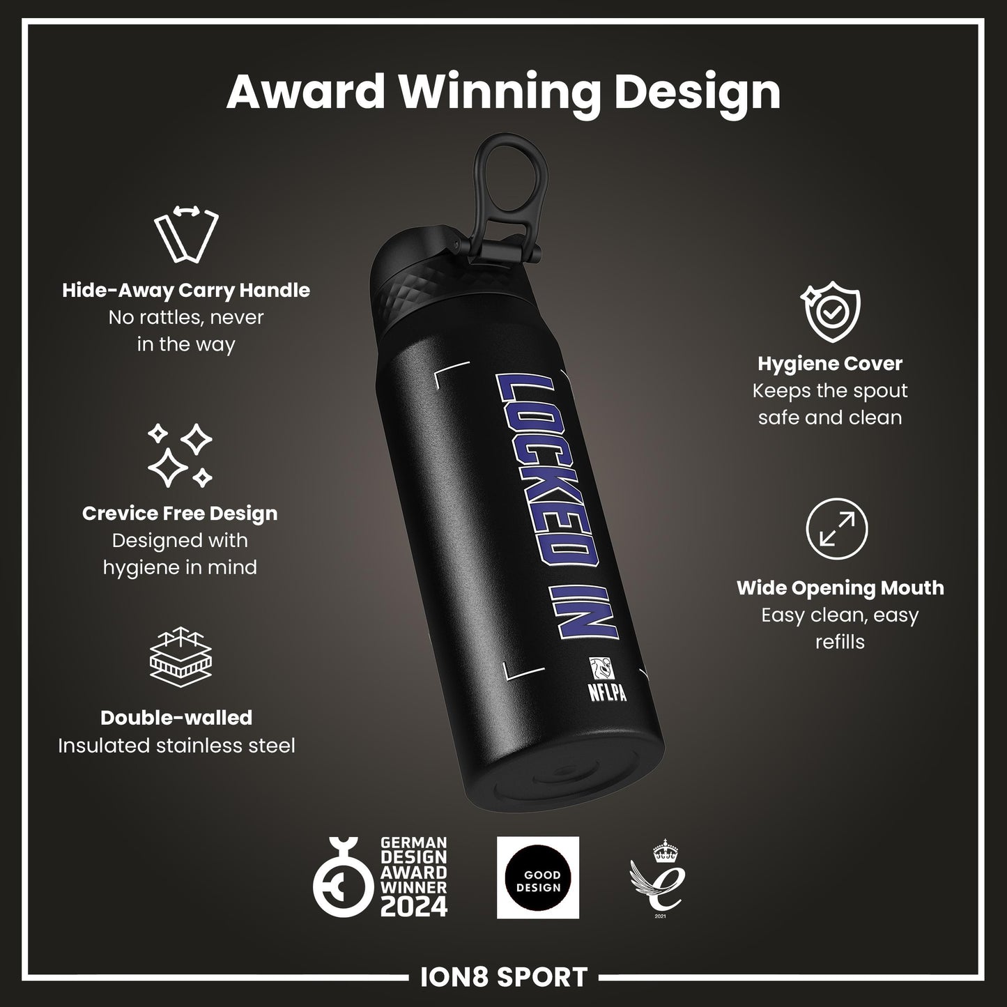 NFL x Ion8 Sports, Insulated Bottle, Locked In Series, Lamar Jackson, 750ml (24oz)
