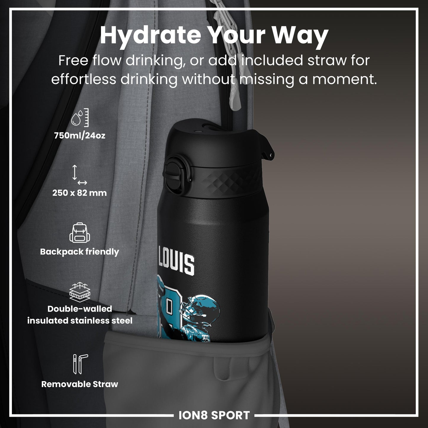 NFL x Ion8 Sports, Insulated Bottle, Locked In Series, Ress-Zammit, 750ml (24oz)