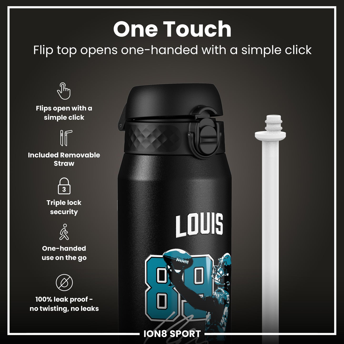 NFL x Ion8 Sports, Insulated Bottle, Locked In Series, Ress-Zammit, 750ml (24oz)