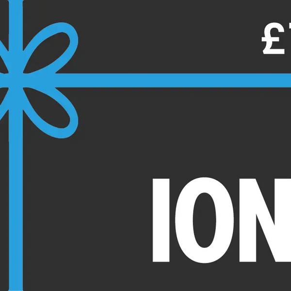 A dark gift card is decorated with a blue ribbon featuring text: "£10" in the upper right corner and "ION8" prominently displayed in white at the bottom.