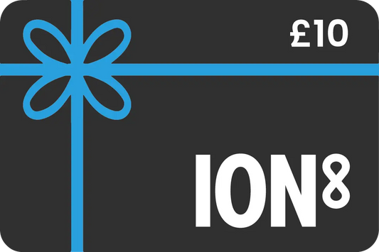 A dark gift card is decorated with a blue ribbon featuring text: "£10" in the upper right corner and "ION8" prominently displayed in white at the bottom.
