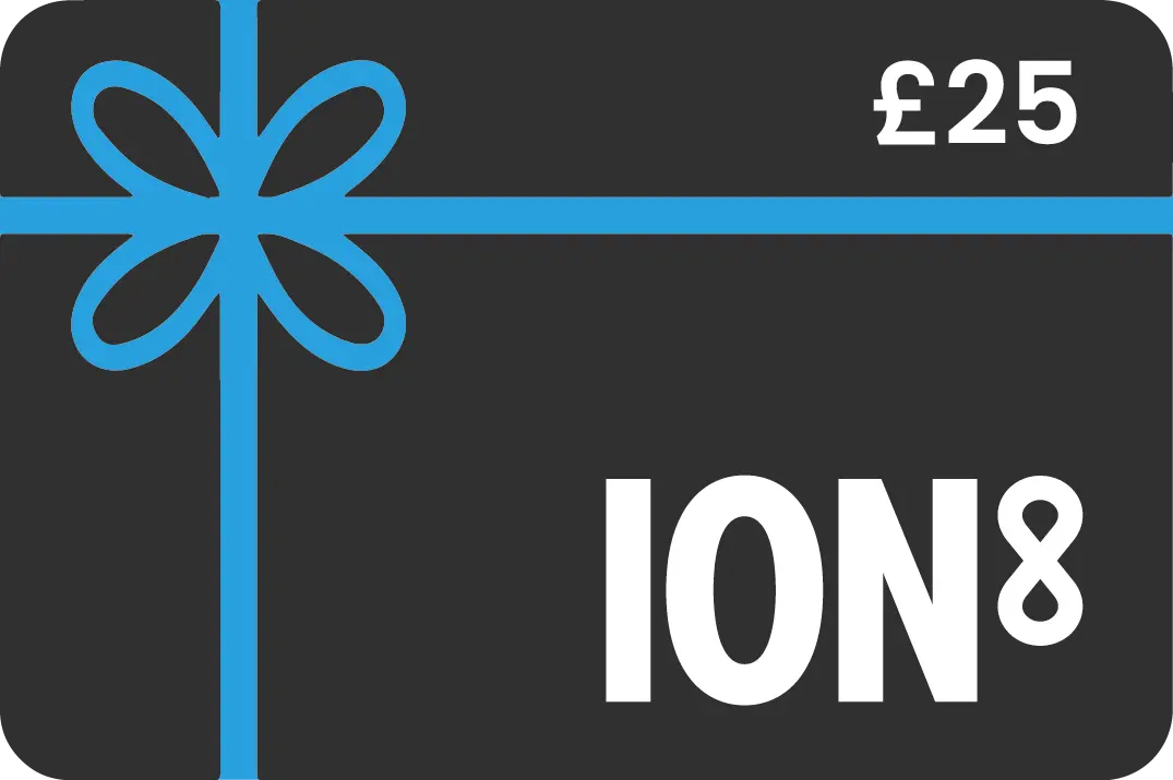 A black card features a blue ribbon design with a bow. Text reads "£25" in the top right corner and "ION8" prominently in white at the bottom.