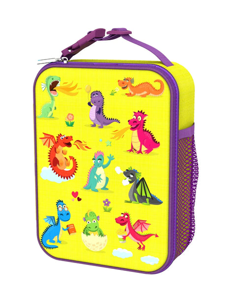 Lunchbox featuring colorful cartoon dragons engaging in various playful activities like breathing fire and reading against a bright yellow background adorned with flowers and clouds equipped with a purple handle and mesh pocket.