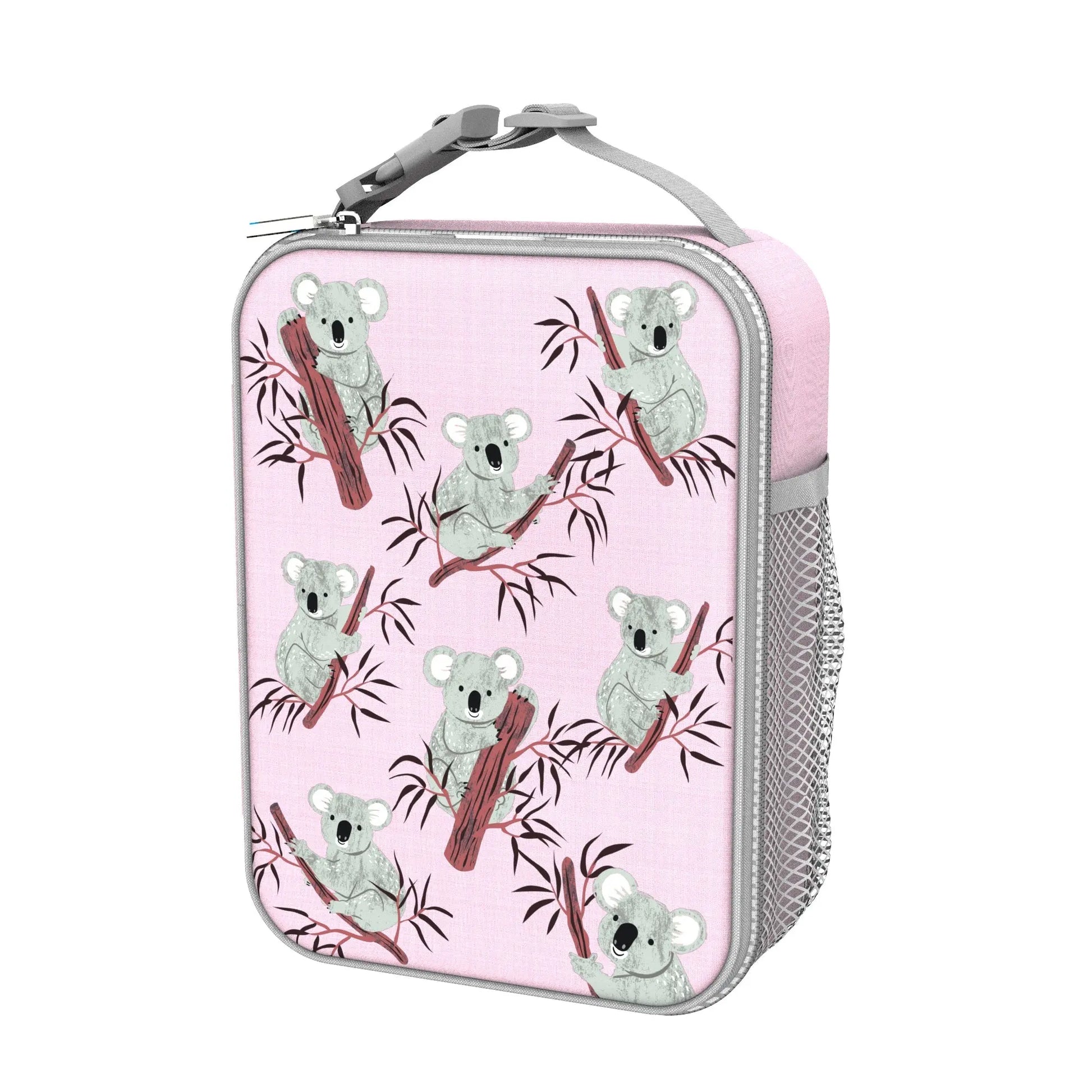 Lunchbox with koala illustrations holding branches on a pink background equipped with a gray handle and side mesh pocket suitable for carrying food in style
