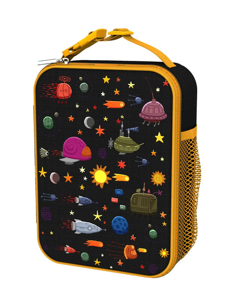Lunchbox displays colorful cartoon spaceships and celestial bodies floating in a black, starry space-themed backdrop with a yellow handle and mesh pocket on the side.