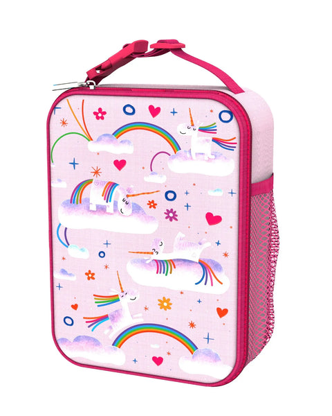Lunchbox showing unicorns resting on clouds with rainbow trails in a whimsical pink background featuring hearts, stars, and mesh pocket on the side