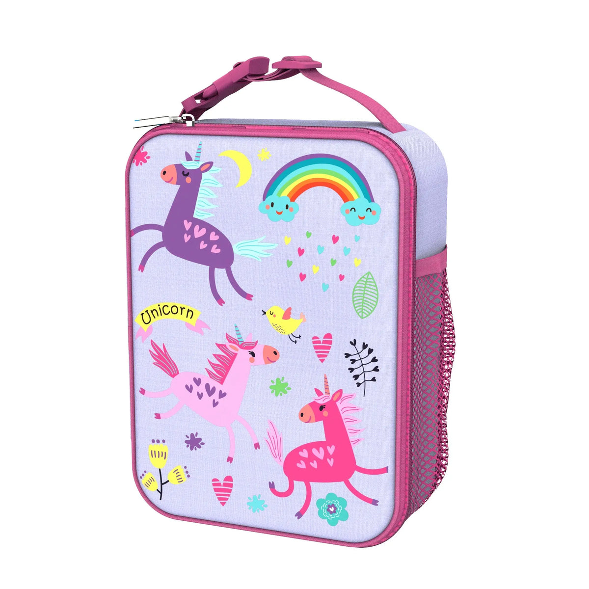 Colorful unicorn lunchbox displaying cheerful unicorns and rainbows with hearts and stars against a lavender background featuring the word "Unicorn" adorned with a pink handle and side mesh pocket.