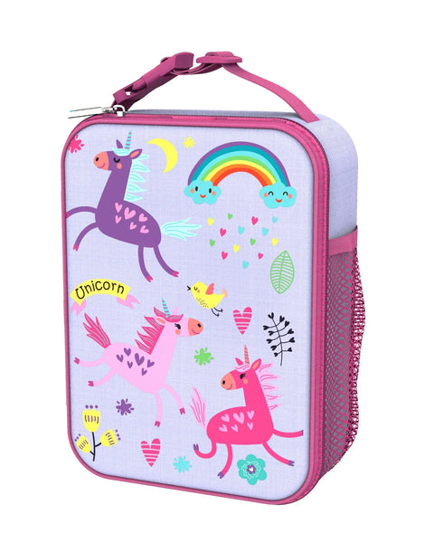 Colorful unicorn lunchbox displaying cheerful unicorns and rainbows with hearts and stars against a lavender background featuring the word "Unicorn" adorned with a pink handle and side mesh pocket.