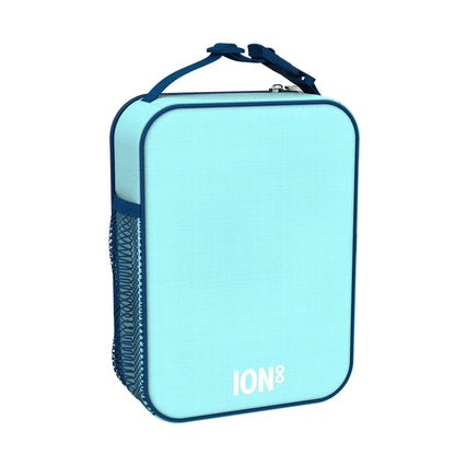 A light blue rectangular lunch bag with a blue handle and mesh sides stands upright against a white background Text on the bag reads ION8
