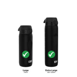 Two black water bottles stand upright on a white background with flip-top lids; each features a green checkmark and the text 