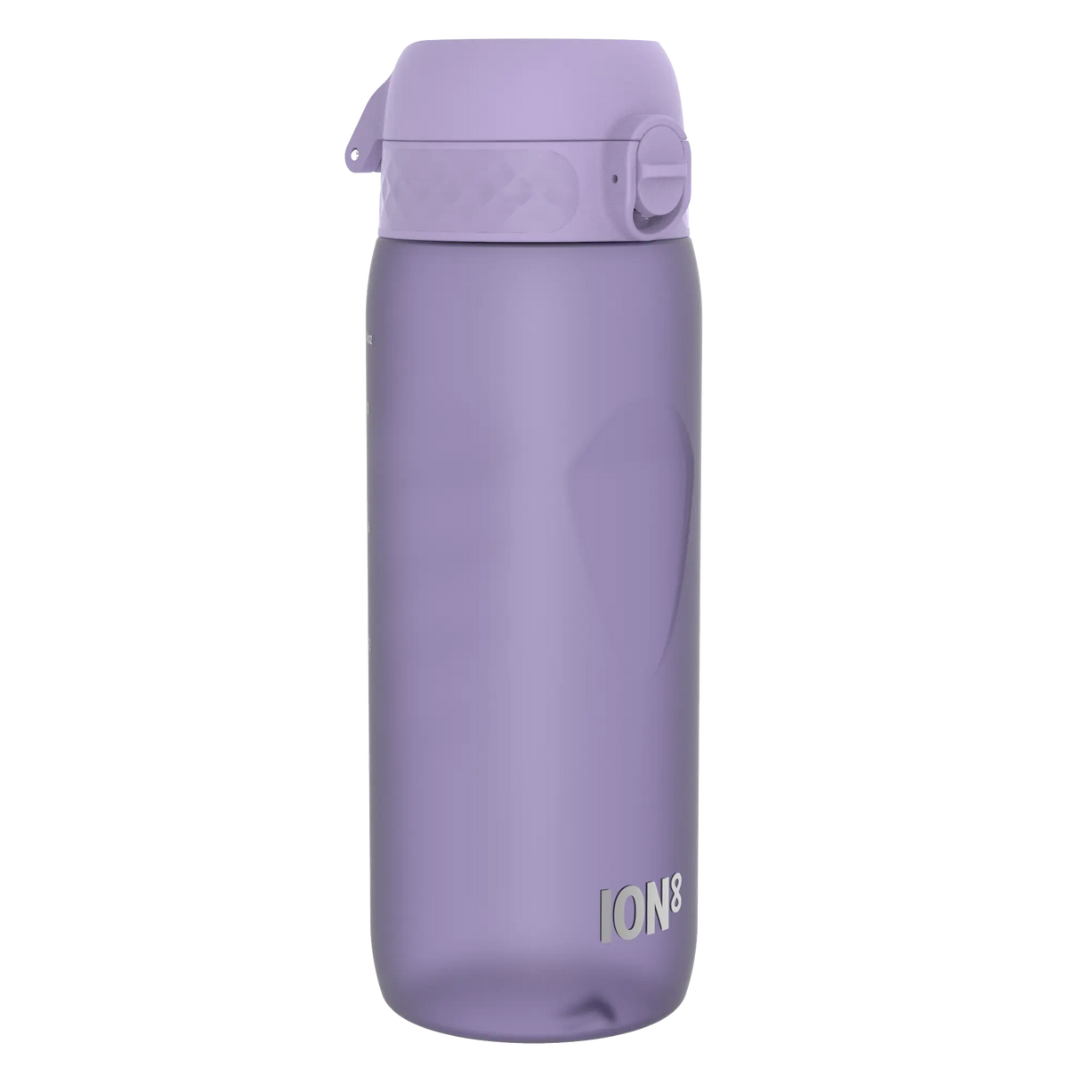 A purple water bottle stands upright with a flip-top lid. The brand name "ION8" is printed near the base.