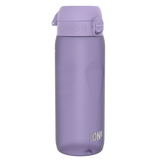 A purple water bottle stands upright with a flip-top lid. The brand name 