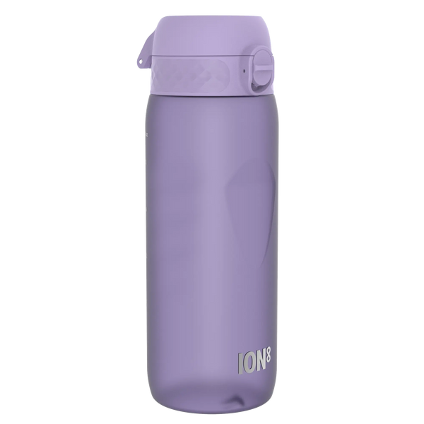 A purple water bottle stands upright with a flip-top lid. The brand name "ION8" is printed near the base.
